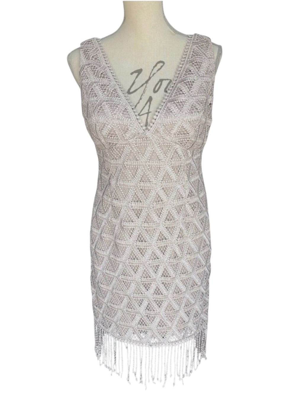 Bellissima Pewter Metallic Crochet V-Neck Sleeveless Fringe Hem Mini Dress (6/8)